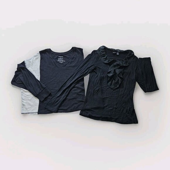 Top Womens L Lot of 2 Nick & Mo Torrid Black Ivory LS Stretch Knit Ruffles Goth - Picture 16 of 16